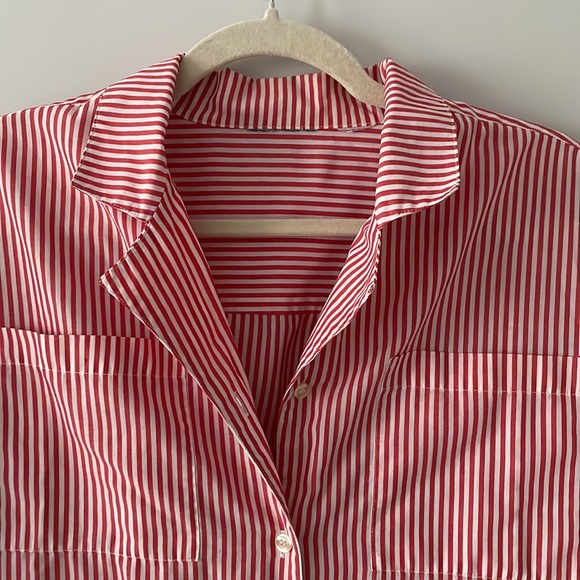 Red and White Striped Short Sleeve Cotton Button Down, Size Large - Picture 4 of 8